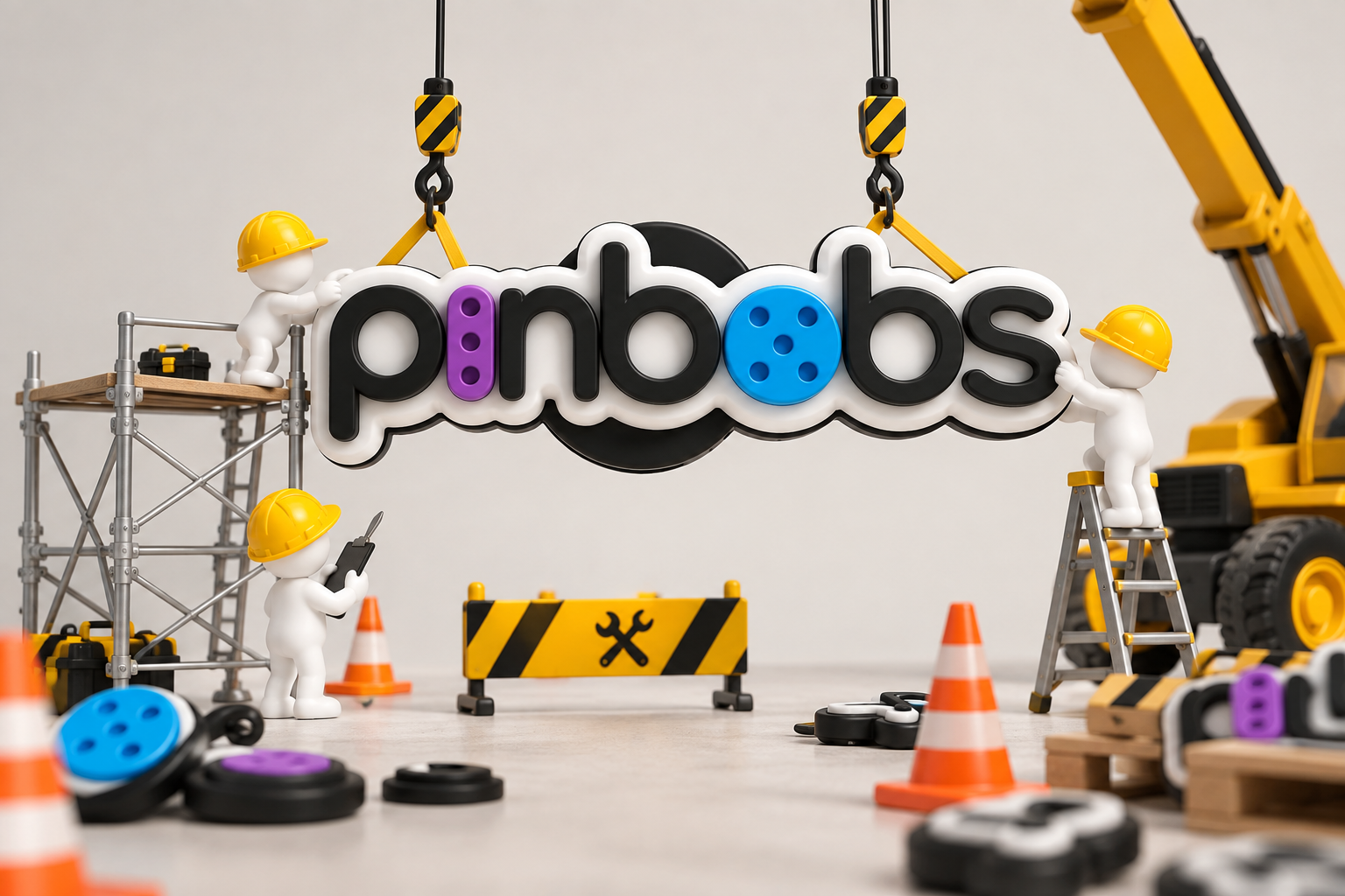 Pinbobs-Logo-Charm wird von Bauarbeiter-Figuren aufgehängt / Pinbobs logo charm being installed by construction worker figures